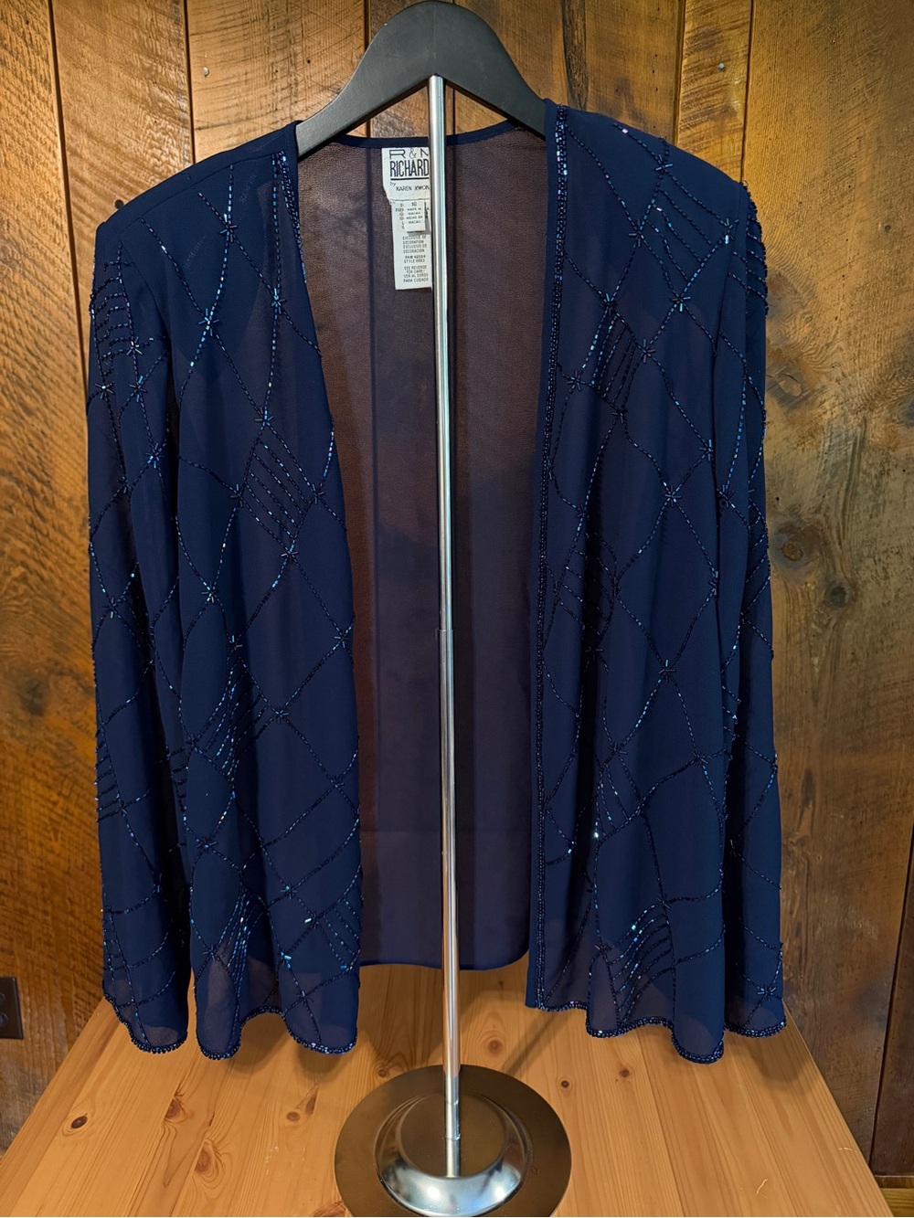 Vintage R&M Richards Navy Beaded Sheer Chiffon Evening Jacket Mother of Bride 16